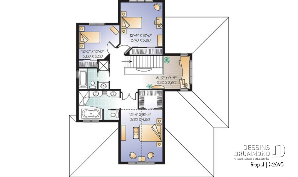 Étage - Maison de style méditerranéen, aire ouverte, foyer central, 3 chambre, garage double et bureau - Riopel