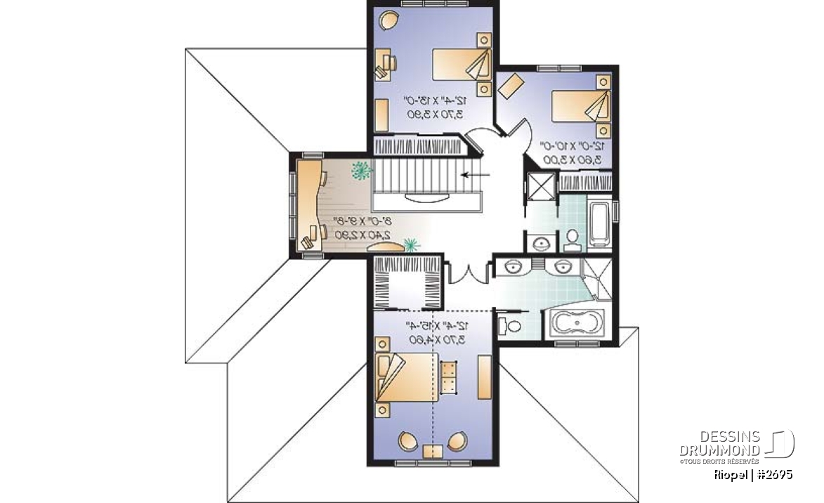 Étage - Maison de style méditerranéen, aire ouverte, foyer central, 3 chambre, garage double et bureau - Riopel