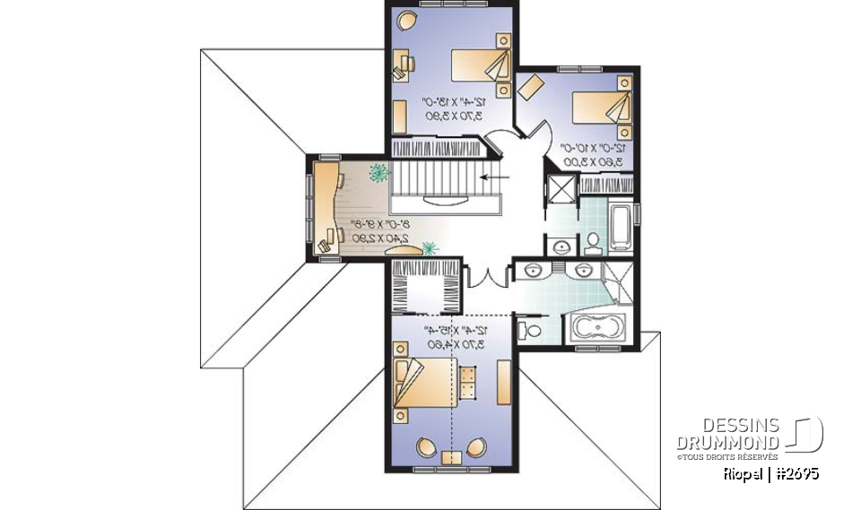 Étage - Maison de style méditerranéen, aire ouverte, foyer central, 3 chambre, garage double et bureau - Riopel