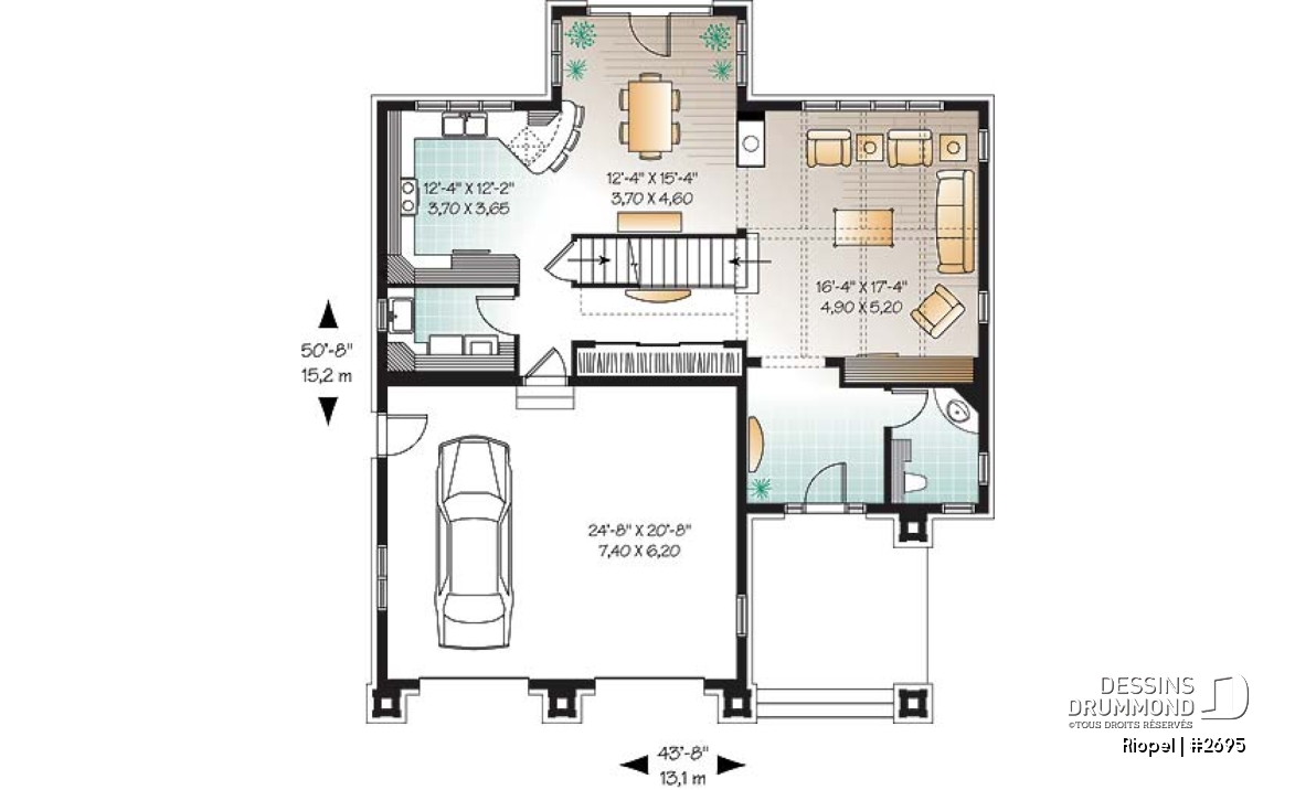 Rez-de-chaussée - Maison de style méditerranéen, aire ouverte, foyer central, 3 chambre, garage double et bureau - Riopel