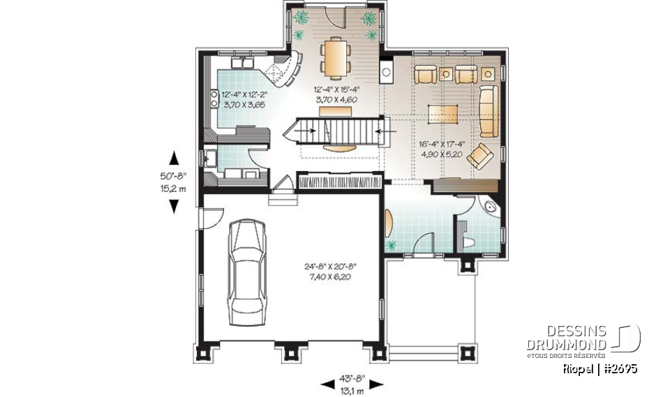 Rez-de-chaussée - Maison de style méditerranéen, aire ouverte, foyer central, 3 chambre, garage double et bureau - Riopel