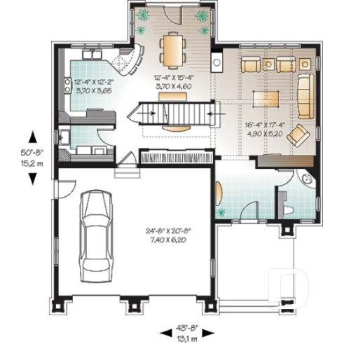 Rez-de-chaussée - Maison de style méditerranéen, aire ouverte, foyer central, 3 chambre, garage double et bureau - Riopel