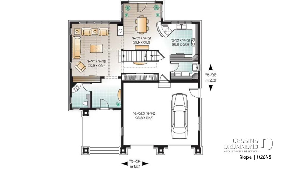 Rez-de-chaussée - Maison de style méditerranéen, aire ouverte, foyer central, 3 chambre, garage double et bureau - Riopel