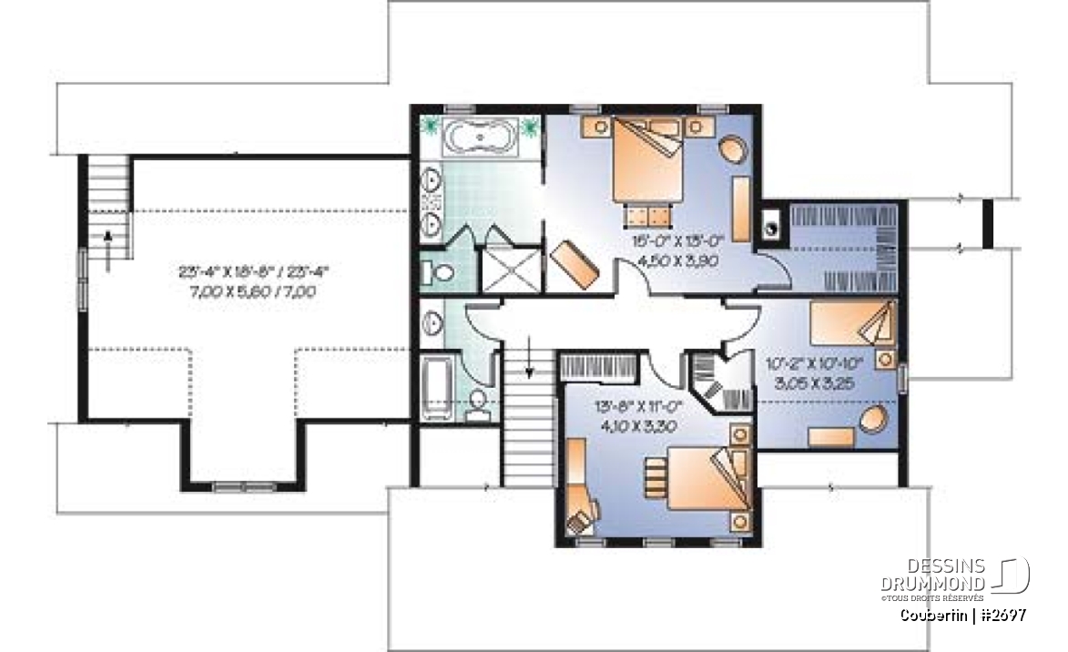 Étage - Plan de maison canadienne, 3 chambres, garage double, grand salon avec foyer, salle de télé ou bureau - Coubertin