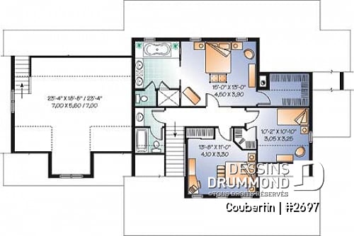 Étage - Plan de maison canadienne, 3 chambres, garage double, grand salon avec foyer, salle de télé ou bureau - Coubertin