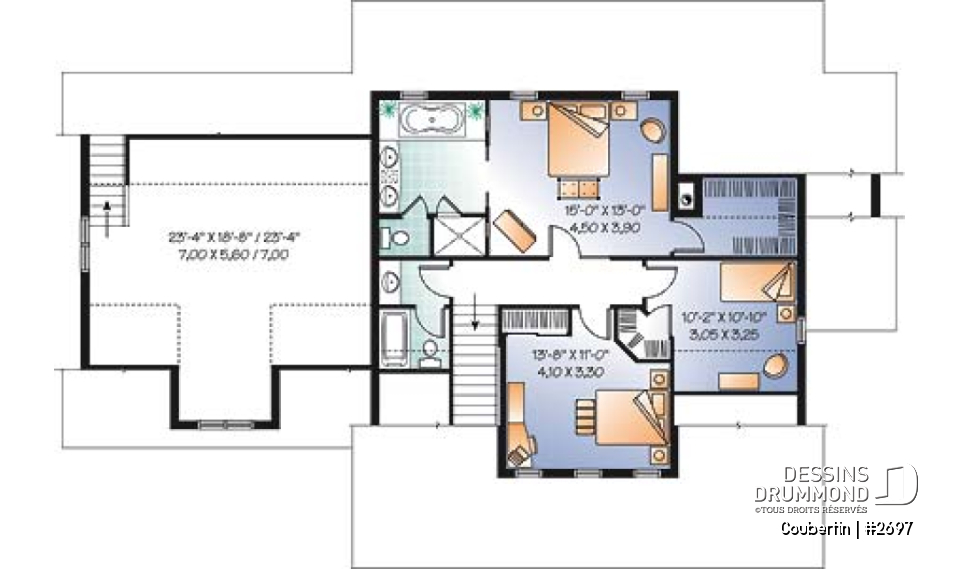 Étage - Plan de maison canadienne, 3 chambres, garage double, grand salon avec foyer, salle de télé ou bureau - Coubertin