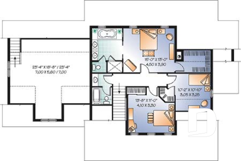 Étage - Plan de maison canadienne, 3 chambres, garage double, grand salon avec foyer, salle de télé ou bureau - Coubertin