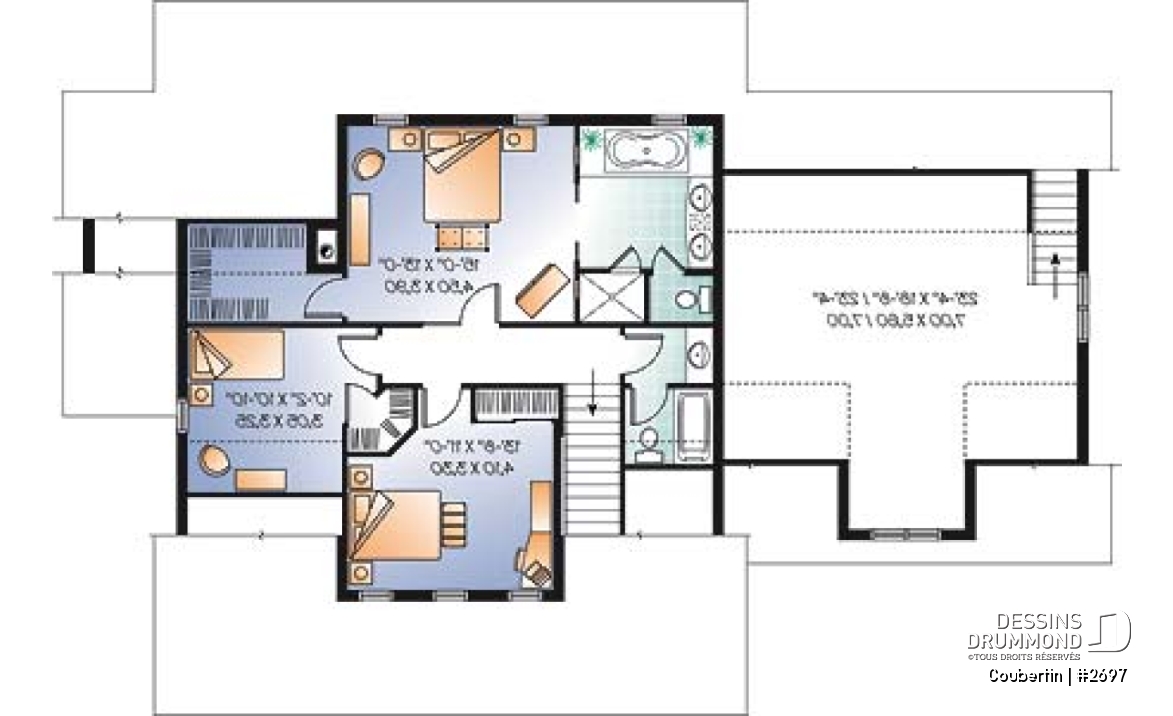 Étage - Plan de maison canadienne, 3 chambres, garage double, grand salon avec foyer, salle de télé ou bureau - Coubertin