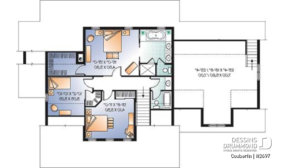 Étage - Plan de maison canadienne, 3 chambres, garage double, grand salon avec foyer, salle de télé ou bureau - Coubertin