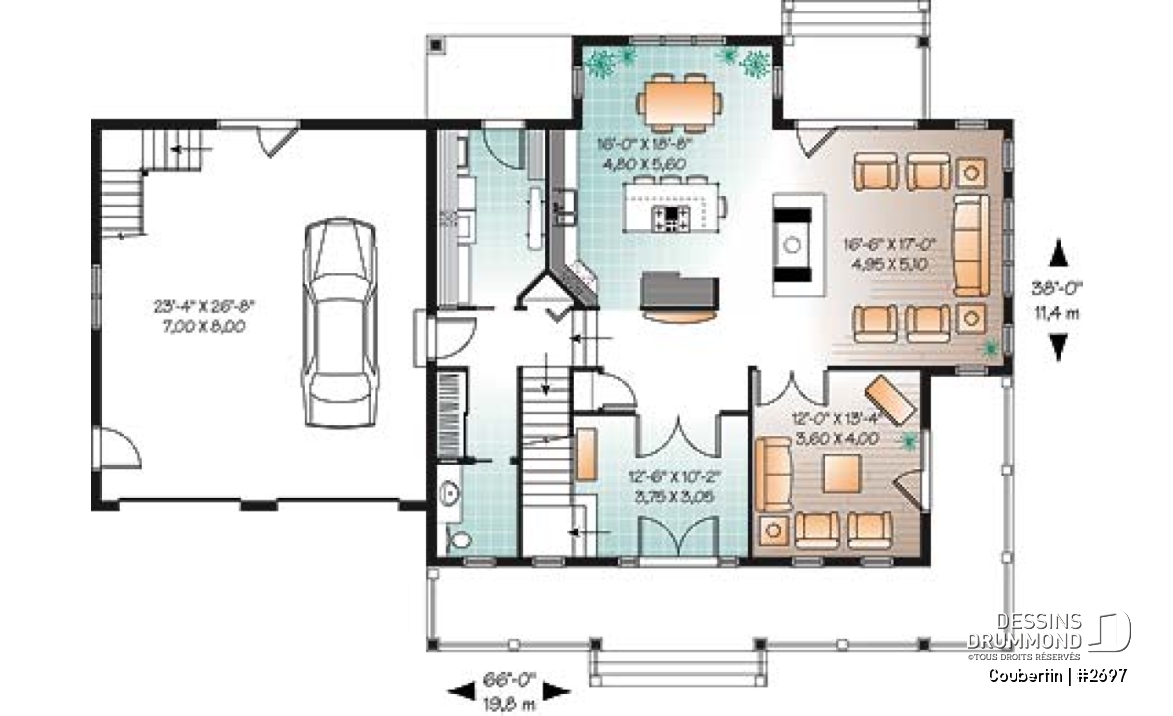 Rez-de-chaussée - Plan de maison canadienne, 3 chambres, garage double, grand salon avec foyer, salle de télé ou bureau - Coubertin