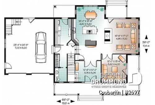 Rez-de-chaussée - Plan de maison canadienne, 3 chambres, garage double, grand salon avec foyer, salle de télé ou bureau - Coubertin