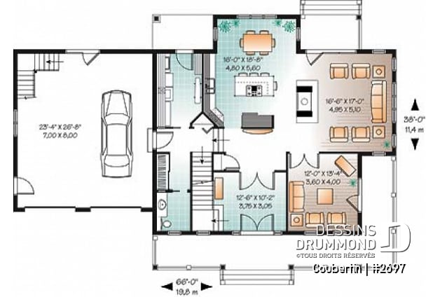 Rez-de-chaussée - Plan de maison canadienne, 3 chambres, garage double, grand salon avec foyer, salle de télé ou bureau - Coubertin