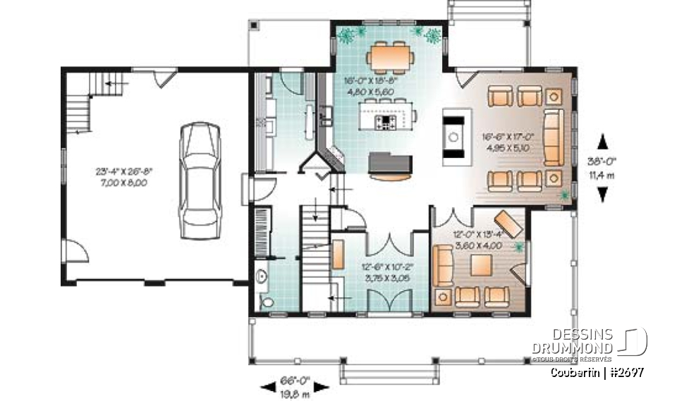 Rez-de-chaussée - Plan de maison canadienne, 3 chambres, garage double, grand salon avec foyer, salle de télé ou bureau - Coubertin