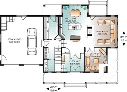 Rez-de-chaussée - Plan de maison canadienne, 3 chambres, garage double, grand salon avec foyer, salle de télé ou bureau - Coubertin