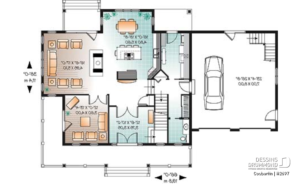 Rez-de-chaussée - Plan de maison canadienne, 3 chambres, garage double, grand salon avec foyer, salle de télé ou bureau - Coubertin