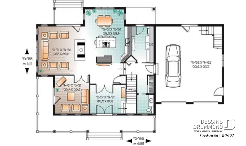 Rez-de-chaussée - Plan de maison canadienne, 3 chambres, garage double, grand salon avec foyer, salle de télé ou bureau - Coubertin