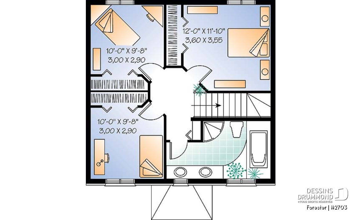 Étage - Plan de maison style Européen à étages, 3 chambres, extérieur classique, éviers doubles - Forester