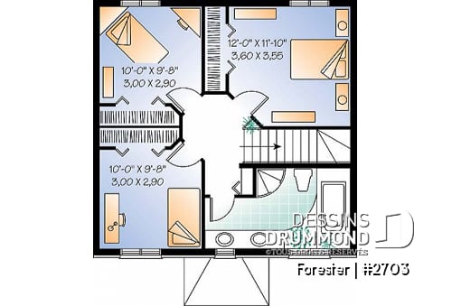 Étage - Plan de maison style Européen à étages, 3 chambres, extérieur classique, éviers doubles - Forester