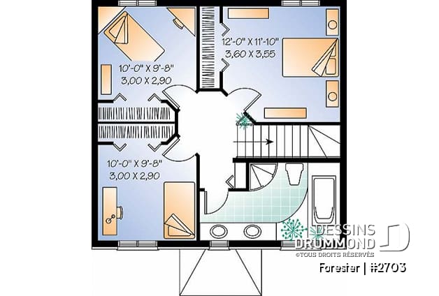 Étage - Plan de maison style Européen à étages, 3 chambres, extérieur classique, éviers doubles - Forester