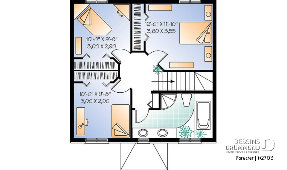 Étage - Plan de maison style Européen à étages, 3 chambres, extérieur classique, éviers doubles - Forester