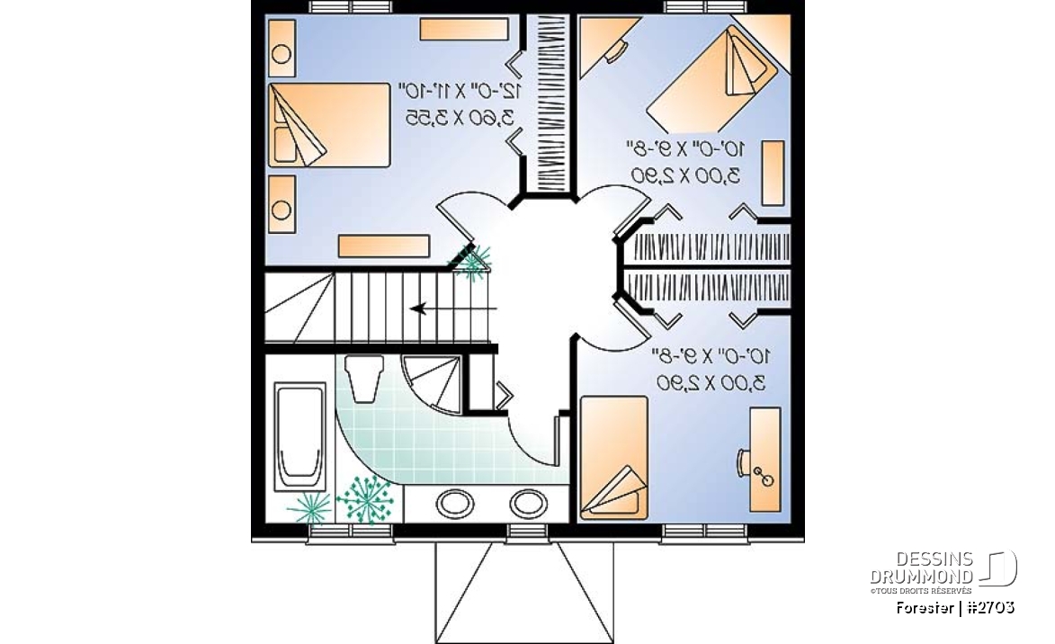 Étage - Plan de maison style Européen à étages, 3 chambres, extérieur classique, éviers doubles - Forester