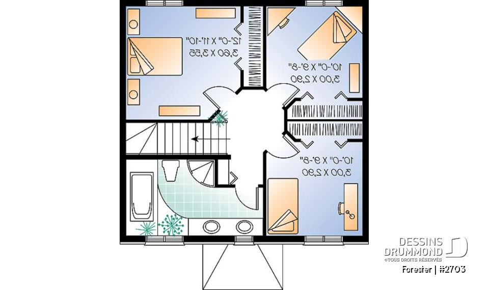 Étage - Plan de maison style Européen à étages, 3 chambres, extérieur classique, éviers doubles - Forester