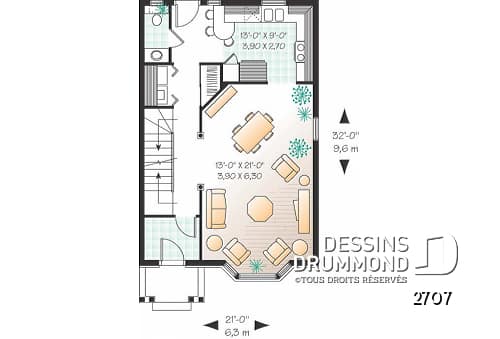 Rez-de-chaussée - Plan de cottage anglais avec option de 2 ou 3 chambres, salle de lavage au rez-de-chaussée - Vicky