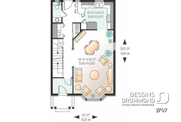 Rez-de-chaussée - Plan de cottage anglais avec option de 2 ou 3 chambres, salle de lavage au rez-de-chaussée - Vicky