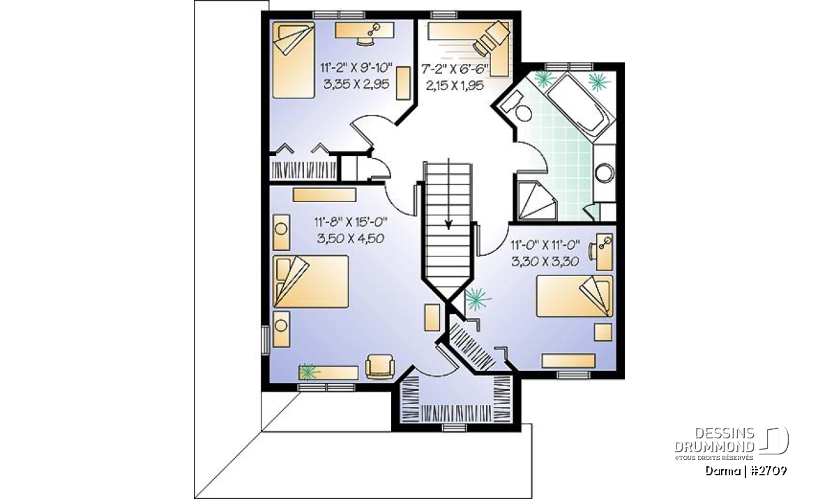 Étage - Plan de maison traditionnelle, à étage, grand balcon couvert avant/côté, 3 chambres, bureau à domicile - Darma