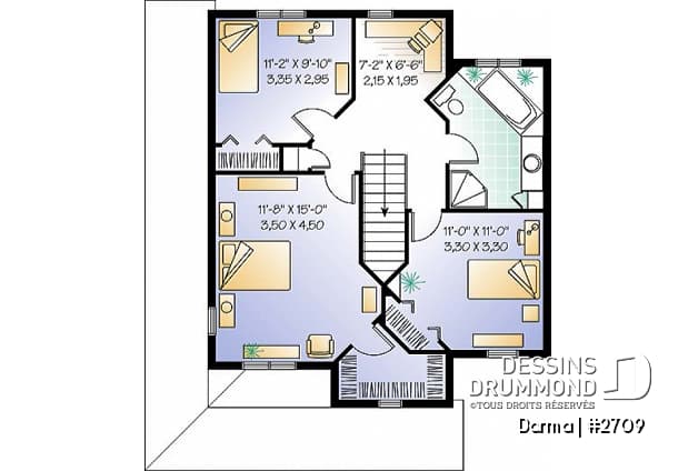 Étage - Plan de maison traditionnelle, à étage, grand balcon couvert avant/côté, 3 chambres, bureau à domicile - Darma