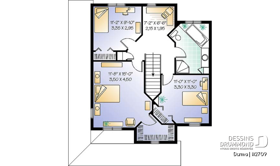 Étage - Plan de maison traditionnelle, à étage, grand balcon couvert avant/côté, 3 chambres, bureau à domicile - Darma