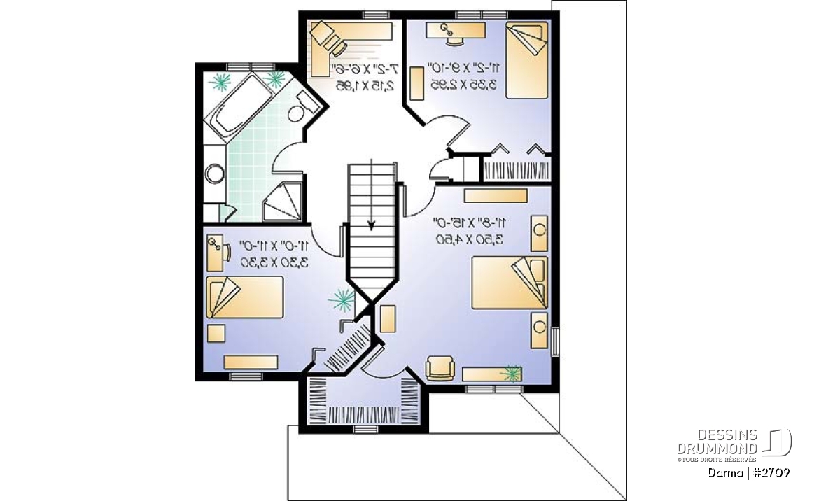 Étage - Plan de maison traditionnelle, à étage, grand balcon couvert avant/côté, 3 chambres, bureau à domicile - Darma