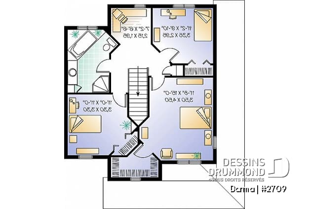 Étage - Plan de maison traditionnelle, à étage, grand balcon couvert avant/côté, 3 chambres, bureau à domicile - Darma