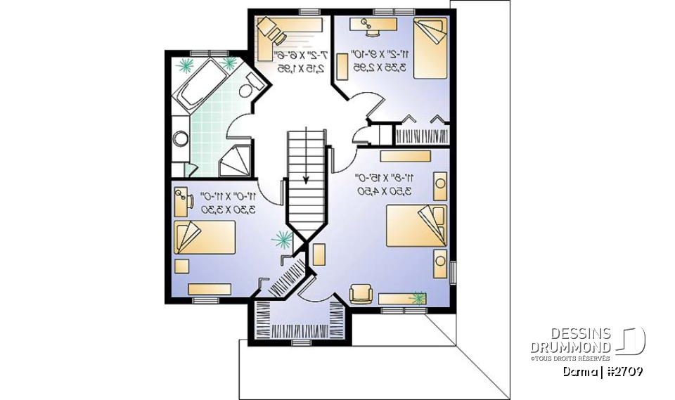 Étage - Plan de maison traditionnelle, à étage, grand balcon couvert avant/côté, 3 chambres, bureau à domicile - Darma