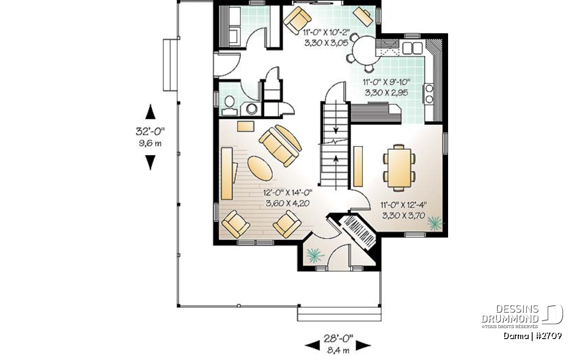 Rez-de-chaussée - Plan de maison traditionnelle, à étage, grand balcon couvert avant/côté, 3 chambres, bureau à domicile - Darma