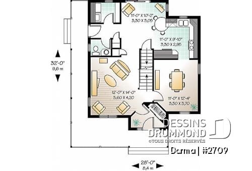 Rez-de-chaussée - Plan de maison traditionnelle, à étage, grand balcon couvert avant/côté, 3 chambres, bureau à domicile - Darma