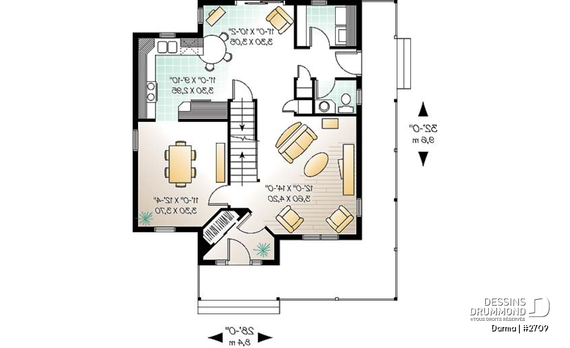 Rez-de-chaussée - Plan de maison traditionnelle, à étage, grand balcon couvert avant/côté, 3 chambres, bureau à domicile - Darma