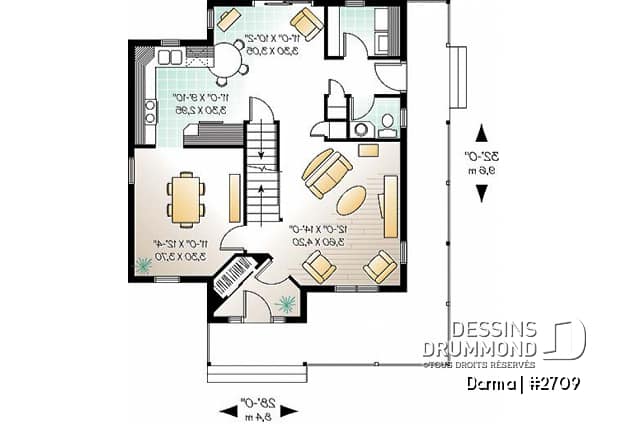 Rez-de-chaussée - Plan de maison traditionnelle, à étage, grand balcon couvert avant/côté, 3 chambres, bureau à domicile - Darma