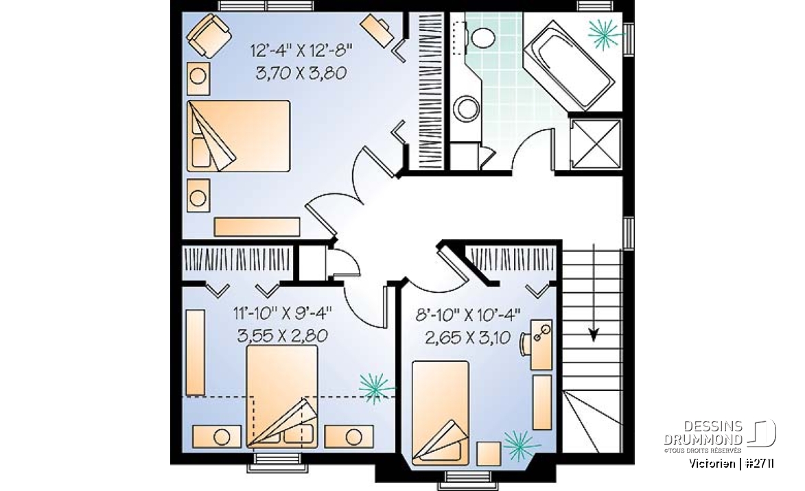 Étage - Plan de maison inspiration victorienne, 3 chambres, salle dîner formelle, garde-manger, fenestration spéciale - Victorien