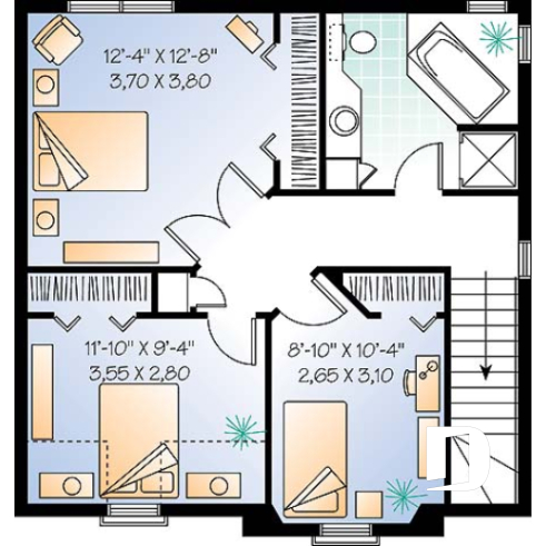 Étage - Plan de maison inspiration victorienne, 3 chambres, salle dîner formelle, garde-manger, fenestration spéciale - Victorien
