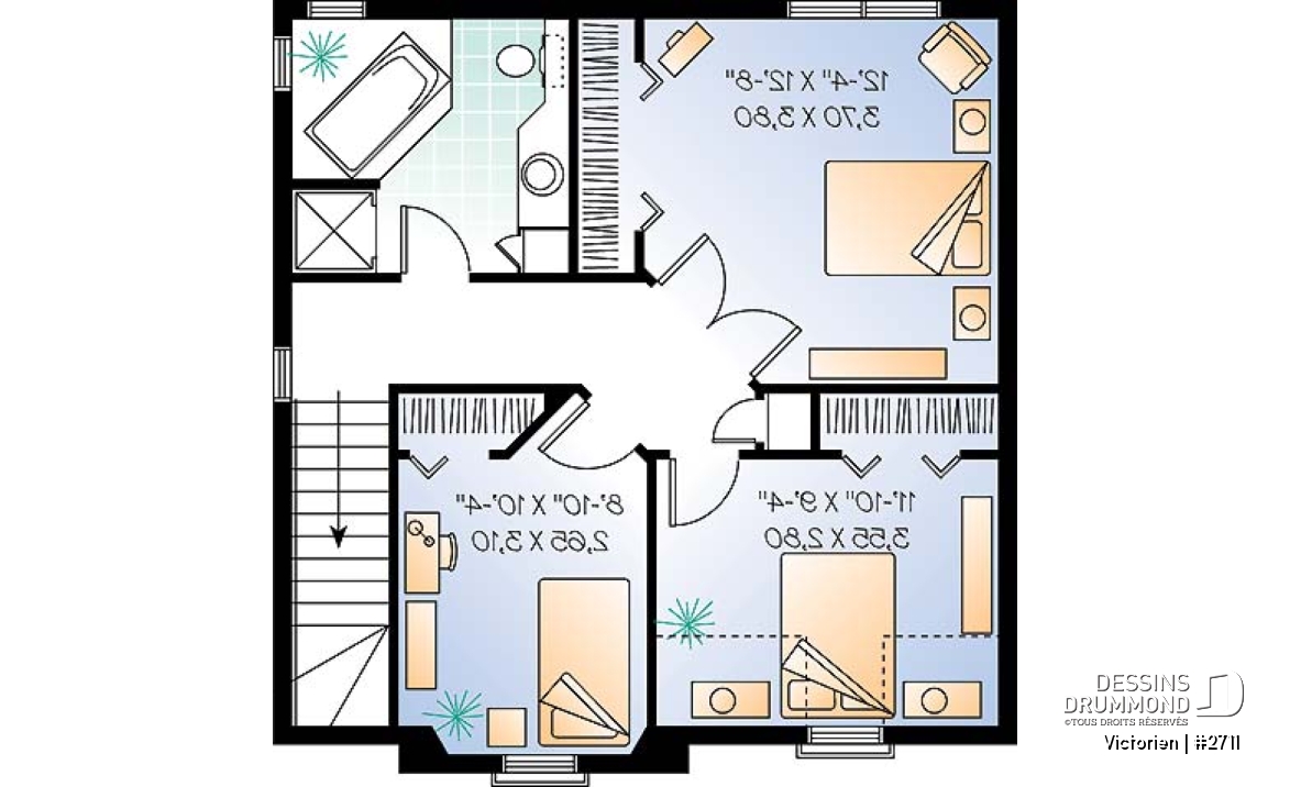 Étage - Plan de maison inspiration victorienne, 3 chambres, salle dîner formelle, garde-manger, fenestration spéciale - Victorien