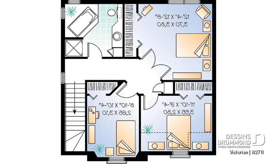 Étage - Plan de maison inspiration victorienne, 3 chambres, salle dîner formelle, garde-manger, fenestration spéciale - Victorien