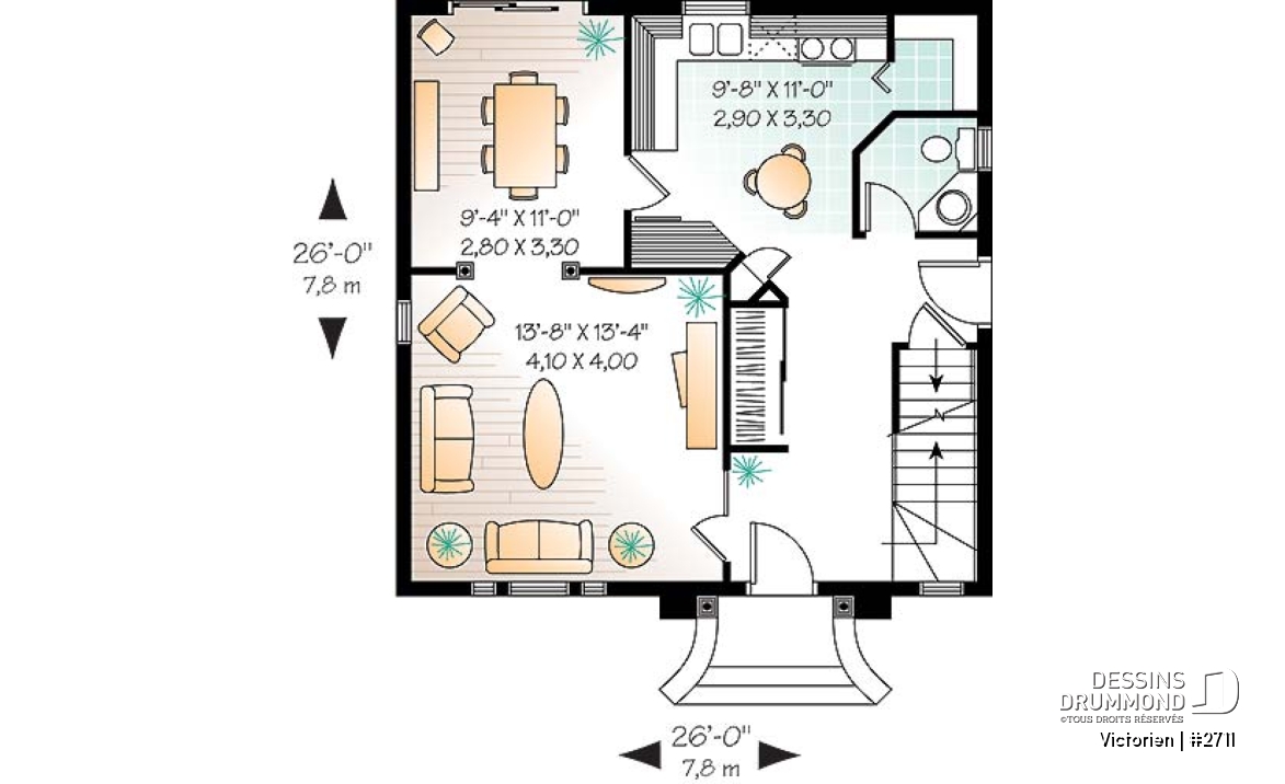 Rez-de-chaussée - Plan de maison inspiration victorienne, 3 chambres, salle dîner formelle, garde-manger, fenestration spéciale - Victorien