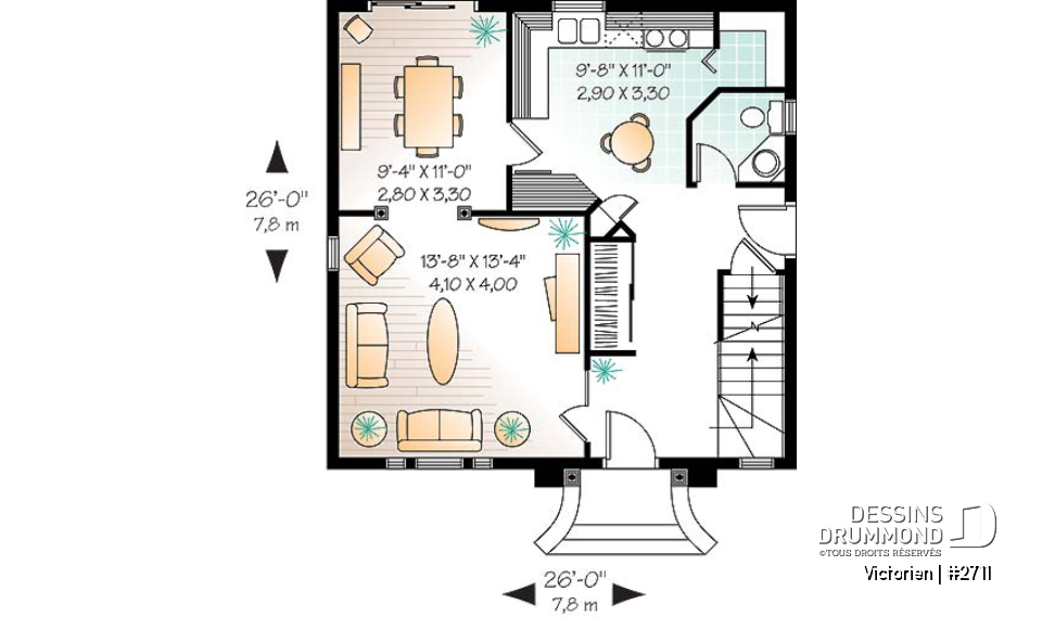 Rez-de-chaussée - Plan de maison inspiration victorienne, 3 chambres, salle dîner formelle, garde-manger, fenestration spéciale - Victorien