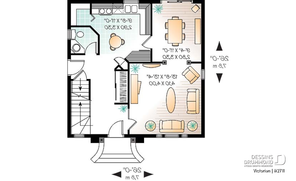 Rez-de-chaussée - Plan de maison inspiration victorienne, 3 chambres, salle dîner formelle, garde-manger, fenestration spéciale - Victorien