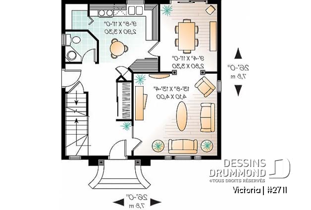 Rez-de-chaussée - Plan de maison inspiration victorienne, 3 chambres, salle dîner formelle, garde-manger, fenestration spéciale - Victorien