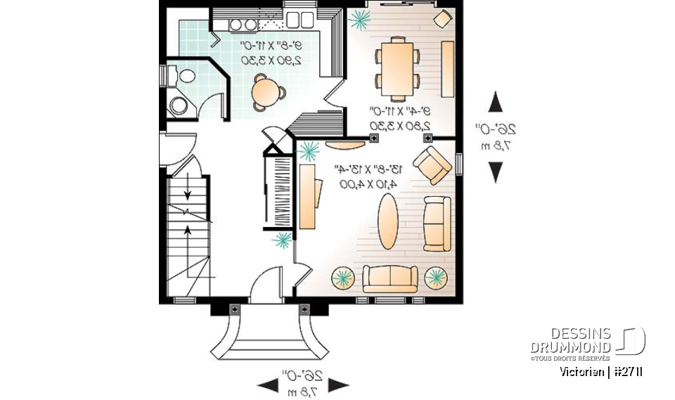 Rez-de-chaussée - Plan de maison inspiration victorienne, 3 chambres, salle dîner formelle, garde-manger, fenestration spéciale - Victorien