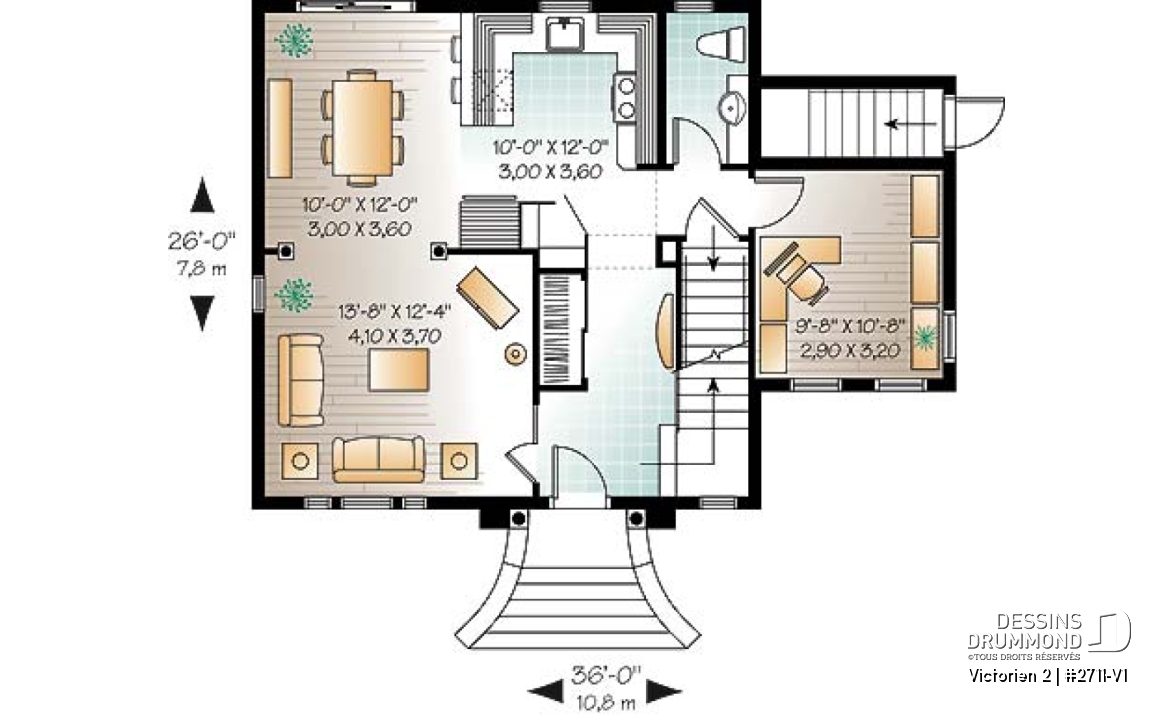 Rez-de-chaussée - Plan de maison style victorien à étages, 3 chambres, bureau à domicile de bon format  - Victorien 2