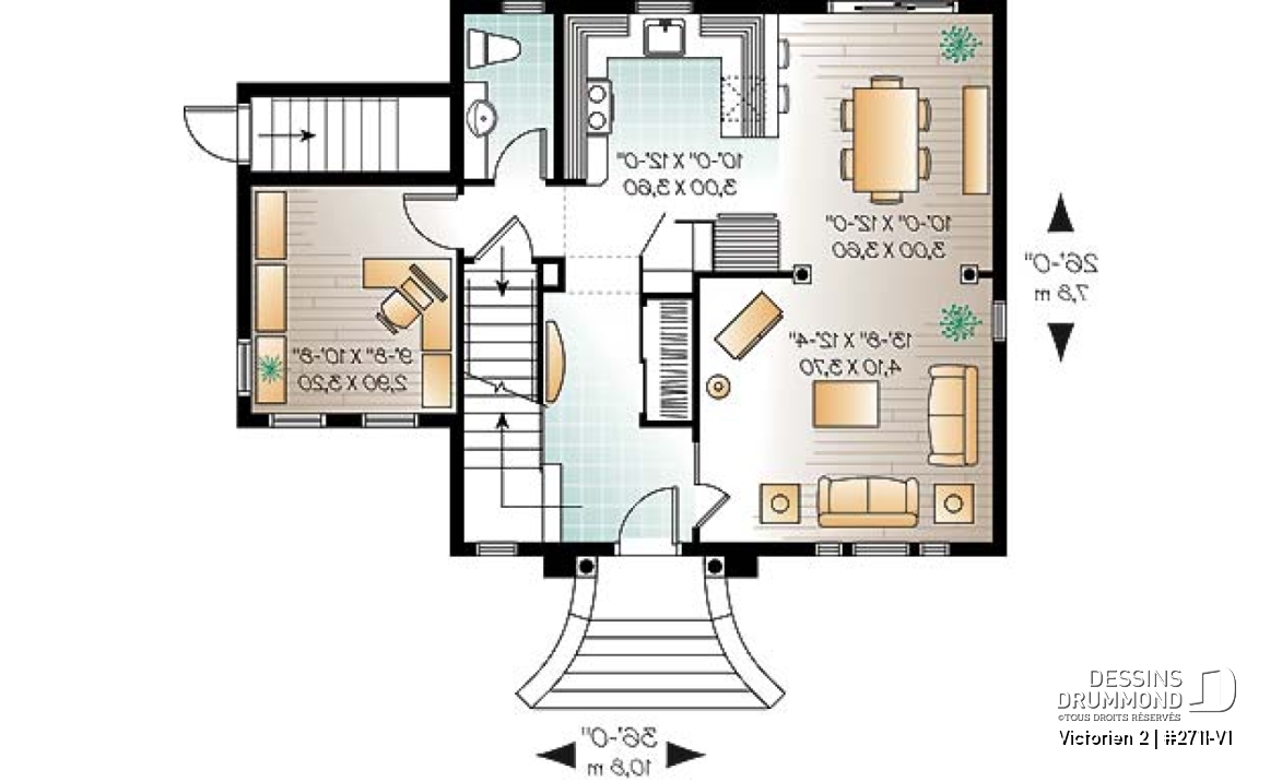 Rez-de-chaussée - Plan de maison style victorien à étages, 3 chambres, bureau à domicile de bon format  - Victorien 2