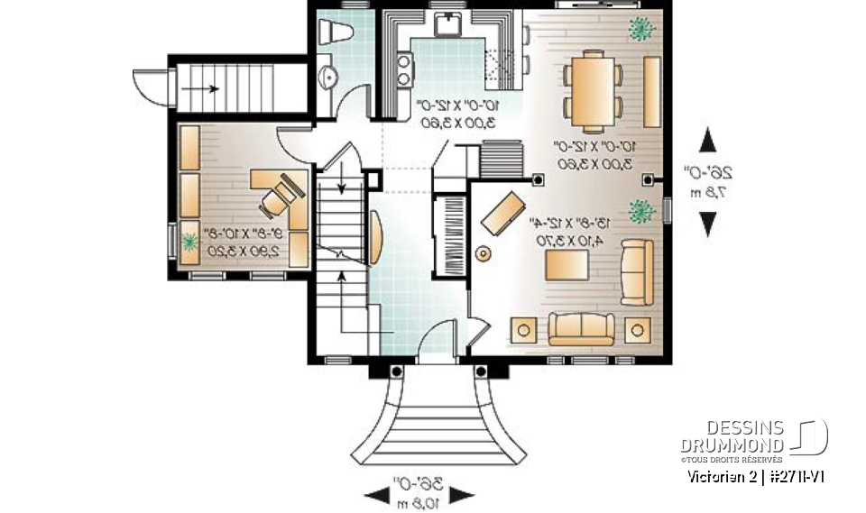 Rez-de-chaussée - Plan de maison style victorien à étages, 3 chambres, bureau à domicile de bon format  - Victorien 2